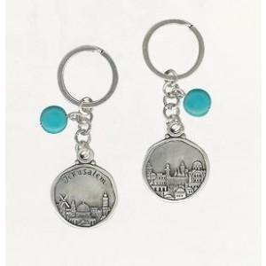Round Silver Keychain with Jerusalem Depiction and Turquoise Gemstones Israelische Kunst