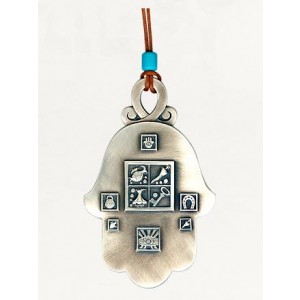 Silver Hamsa with Blessing Symbols, Leather Cord and Turquoise Bead Israelische Kunst