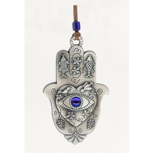 Silver Hamsa with Large Eye, Grapevines, Fish and Doves! Heimdeko