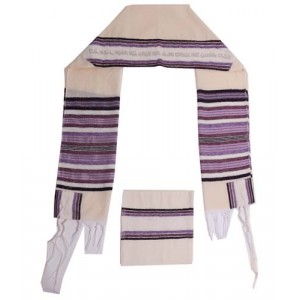 White Cotton Tallit with Purple and Black Stripes and Silver Hebrew Text Tallits