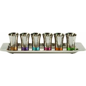 Yair Emanuel Nickel Wine Cup Set with Hammered Pattern and Multicolor Rings Wein Sets