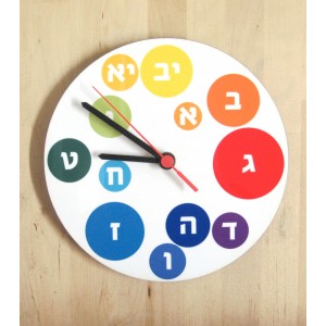 White Analog Clock with Colorful Bubbles and Hebrew Text by Barbara Shaw Uhren