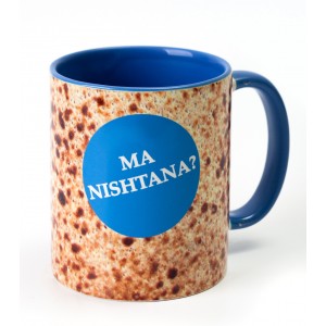 Blue Ceramic Mug with English Text and Images of Matzah by Barbara Shaw Passover Tableware and Gifts