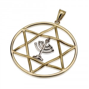 Star of David Disc Pendant with Menorah in 14k Two-Tone Gold Star of David Jewelry