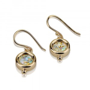 Earrings in Round Design and Roman Glass in 14k Yellow Gold
