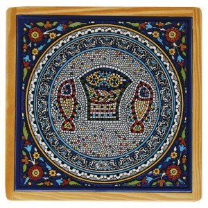 Armenian Wooden Trivet with Mosaic Fish & Bread Armenische Keramik