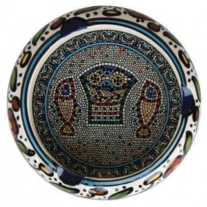 Armenian Ceramic Round Ashtray with Mosaic Fish & Bread