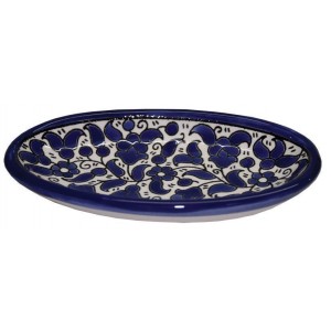 Armenian Ceramic Oval Bowl with Anemones Flower Motif in Blue