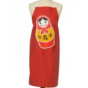 Cotton Apron with Russian Babushka Design in Red Aprons and Oven Mitts