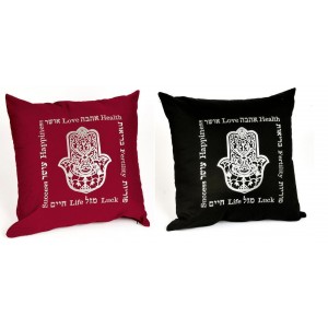 Cushion with Blessings and Silver Hamsa Design in Black Barbara Shaw