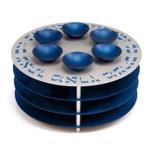 Blue Aluminum Seder Plate with Matzah Plates, Hebrew Text and Six Bowls Agayof