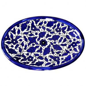 Armenian Ceramic Oval Plate Blue and White Floral Design Armenische Keramik