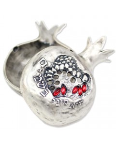 Silver Pomegranate Spice Holder with Hebrew Text and Red Crystals
