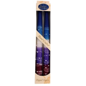 Wax Shabbat Candles by Safed Candles with Blue, Purple, White and Red Stripes Jewish Holiday Candles