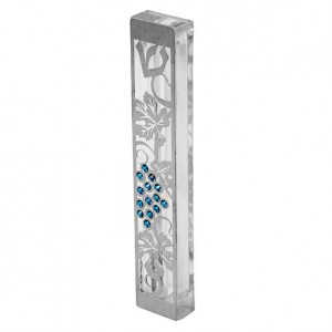 Mezuzah in Aluminum with Silver Grape Decoration & Blue Gems