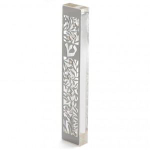Stainless Steel and Plexiglas Mezuzah with Cutout Shin and Flowers Mesusas