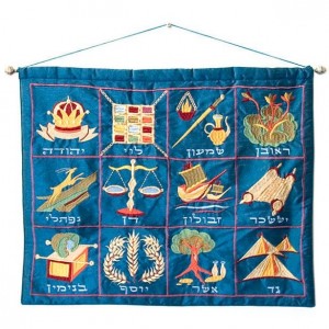 Yair Emanuel Raw Silk Embroidered Wall Decoration with 12 Tribes in Blue Yair Emanuel