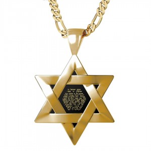 Gold Plated Star of David Necklace with Onyx Stone and 24K Gold Shema Yisrael  Inscription Star of David Jewelry