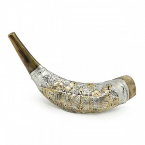 Polished Ram's Horn with Silver Sleeve in Jerusalem Design by Barsheshet-Ribak  Rosh Hashaná