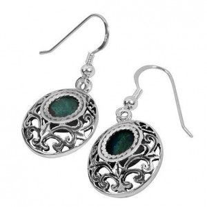 Rafael Jewelry Round Sterling Silver Earrings with Eilat Stone and Vintage Carvings Ohrringe