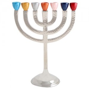 Multicolored Seven-Branched Aluminum Menorah With Hammered Finish Seven Branch Menorahs