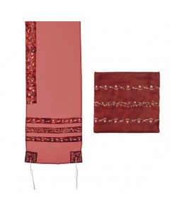 Red Floral Embroidery Organza Tallit with Bag by Yair Emanuel Tallits