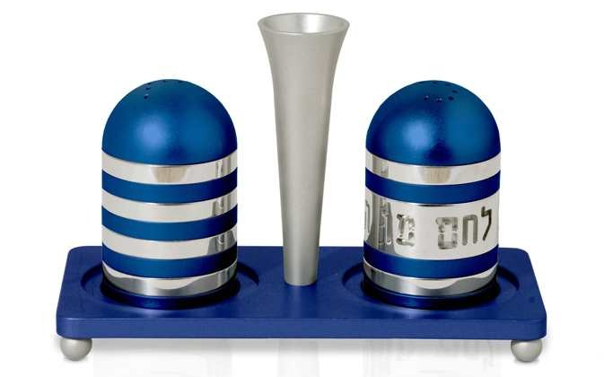 Modern Salt and Pepper Shake Set with "Hamotzi" and Tray by Nadav Art in Blue
