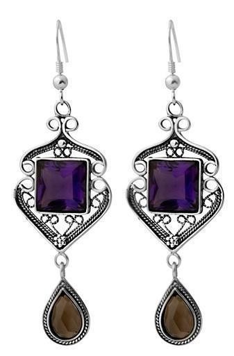 Sterling Silver Earrings with Amethyst & Smoky Quartz by Rafael Jewelry
