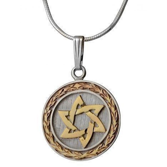 Round Star of David Pendant with Olive Branch in Yellow Gold & Sterling Silver by Rafael Jewelry