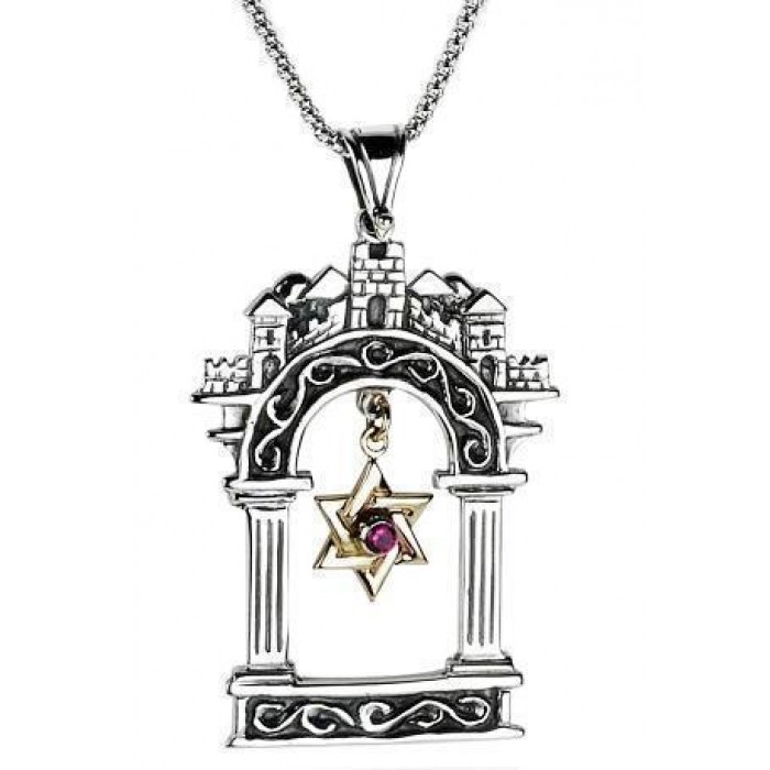 Jerusalem Gates Pendant with Star of David in Sterling Silver & Ruby by Rafael Jewelry