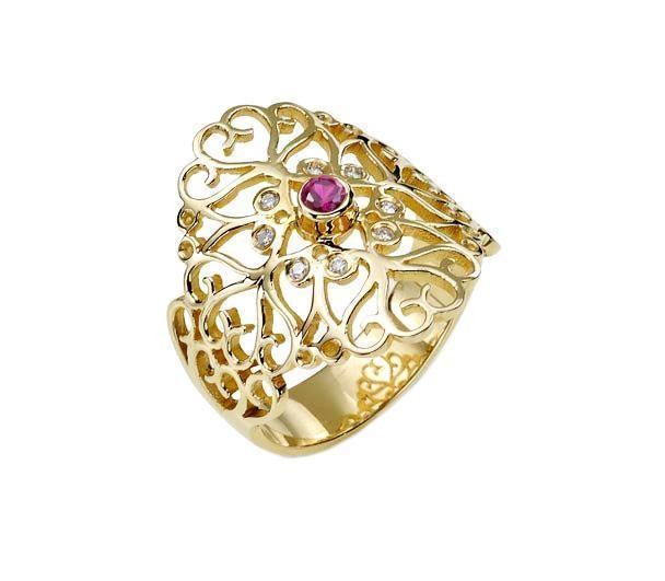 14k Gold Ring with Diamond & Ruby and Heart Motif Rafael Jewelry Designer
