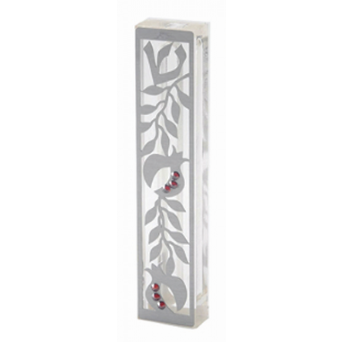 Clear Mezuzah with Silver Pomegranate Decoration & Red Gems