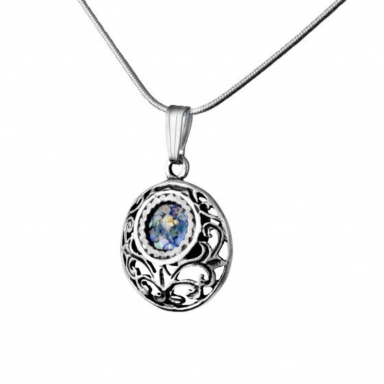 Round Sterling Silver Pendant with Roman Glass by Rafael Jewelry