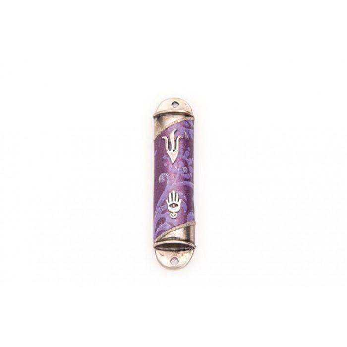 Semicircular Pewter Mezuzah with Hamsa and Flowers in Purple
