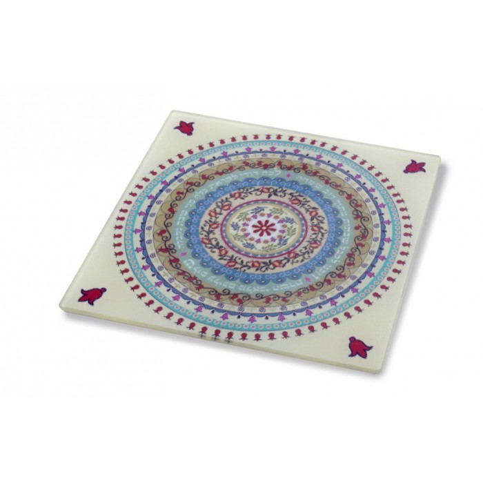 Glass Trivet with Pomegranate Pattern and Shabbat Blessing