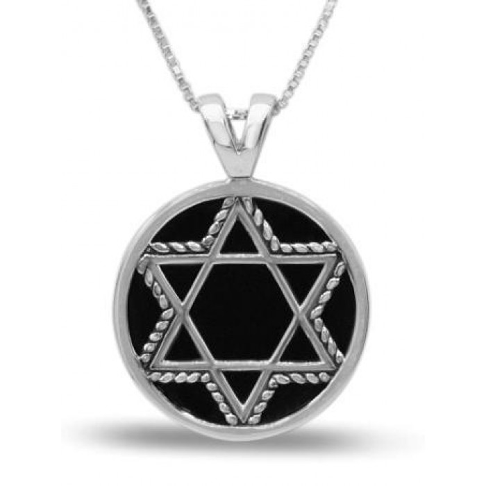 Star of David Round Pendant in Sterling Silver with Onyx Gem