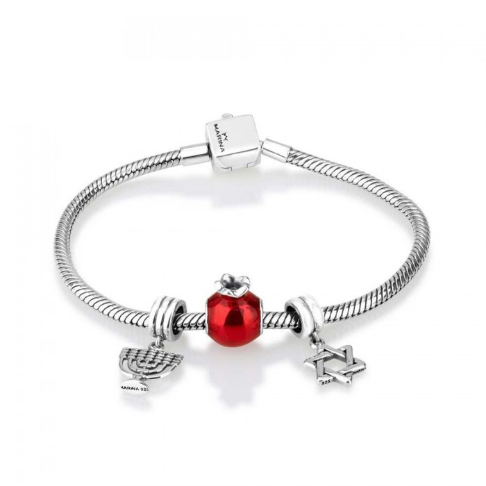 Charms Bracelet in Sterling Silver with Pomegranate & Star of David