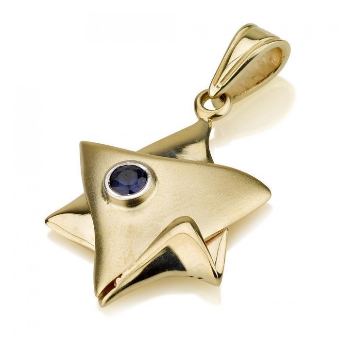 14K Yellow Gold Star of David Pendant with Sapphire Stone by Ben Jewelry
