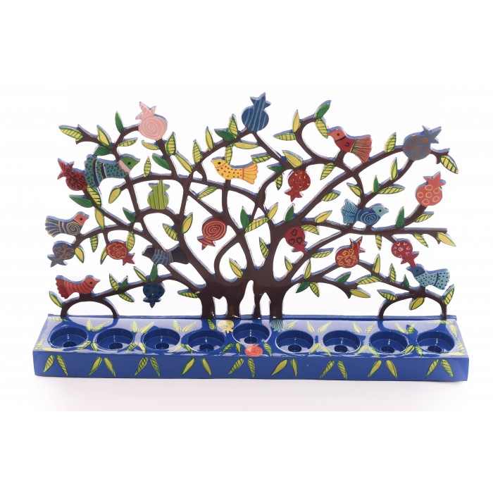 Yair Emanuel Lazer-Cut Tree Menorah with Birds and Pomegranates