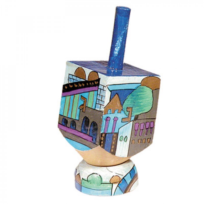 Yair Emanuel Small Wooden Dreidel with Jerusalem City Views Design and Stand