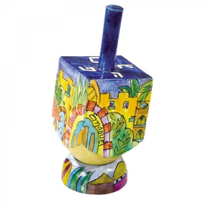 Yair Emanuel Small Wooden Dreidel with Holy City of Jerusalem Design and Stand.