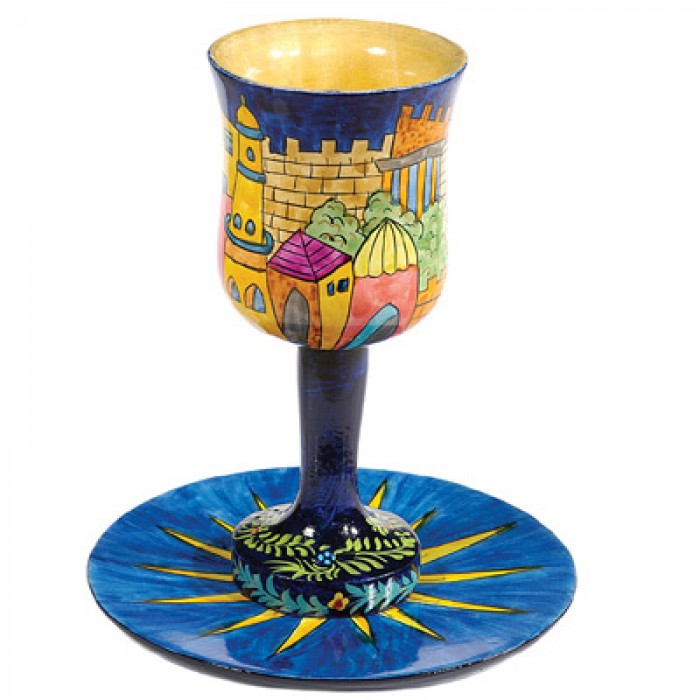 Yair Emanuel Wooden Kiddush Cup Set with Tower of David Depiction
