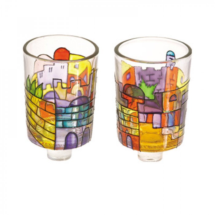 Yair Emanuel Painted Glass Candle Holder with Jerusalem Theme