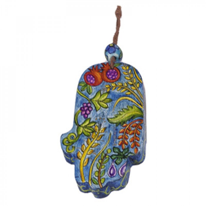 Yair Emanuel Small Hand-Painted  The Seven Species Image Hamsa on Wood