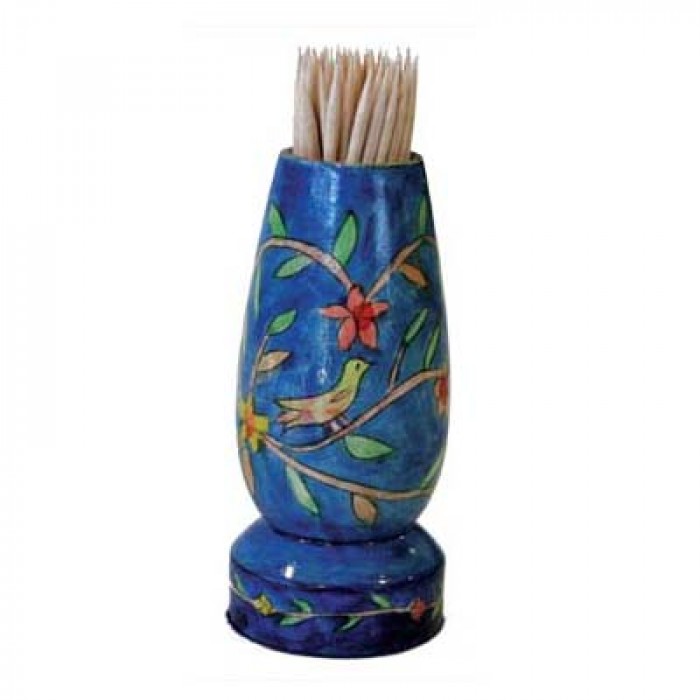 Yair Emanuel Hand Painted Toothpick Stand with Birds and Branches in Wood