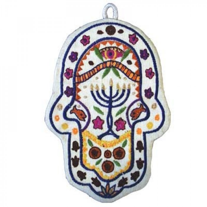 Charming Hamsa Embroidered with Menorah Design by Yair Emanuel - Small
