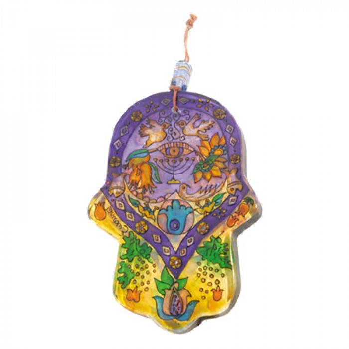 Painted Glass Hamsa by Yair Emanuel with a Menorah