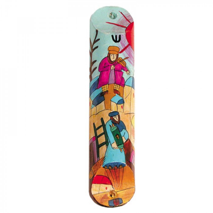 Yair Emanuel Mezuzah with a Fiddler and Torah Scroll in Painted Wood