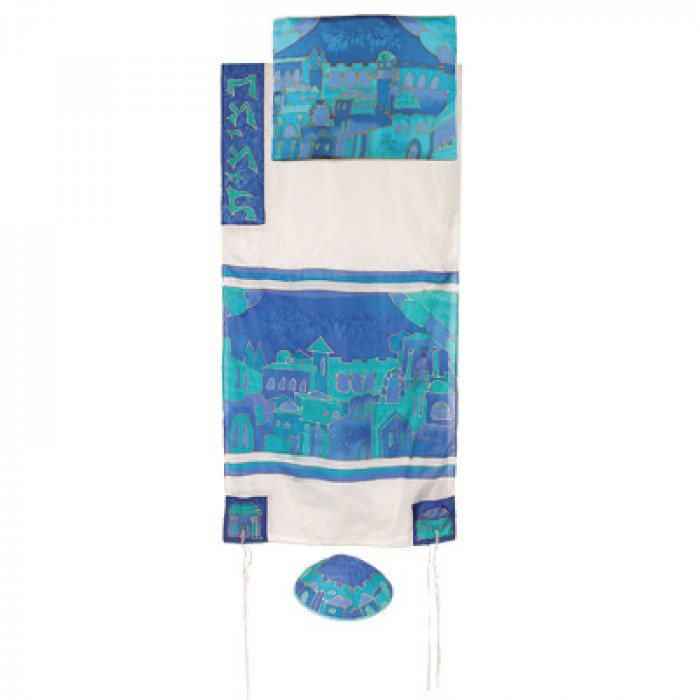 Handbemalter Tallit aus weißer und blauer Seide von Yair Emanuel 