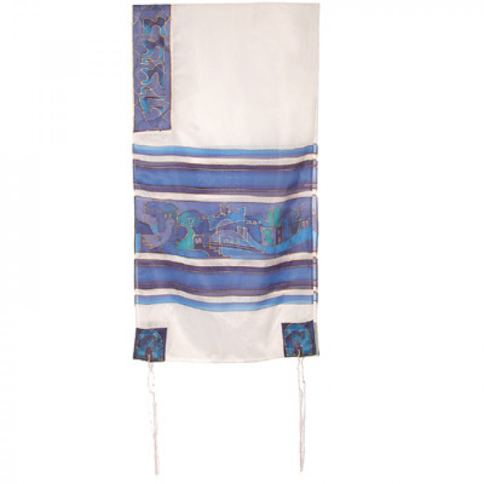 Yair Emanuel handbemalter Tallit aus Seide mit Taube in Weiß und Blau